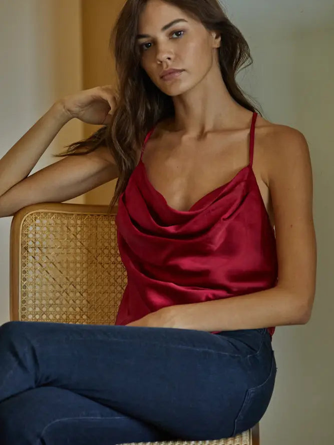 Satin Cowl Neck Cami in Red – k. hunter boutique