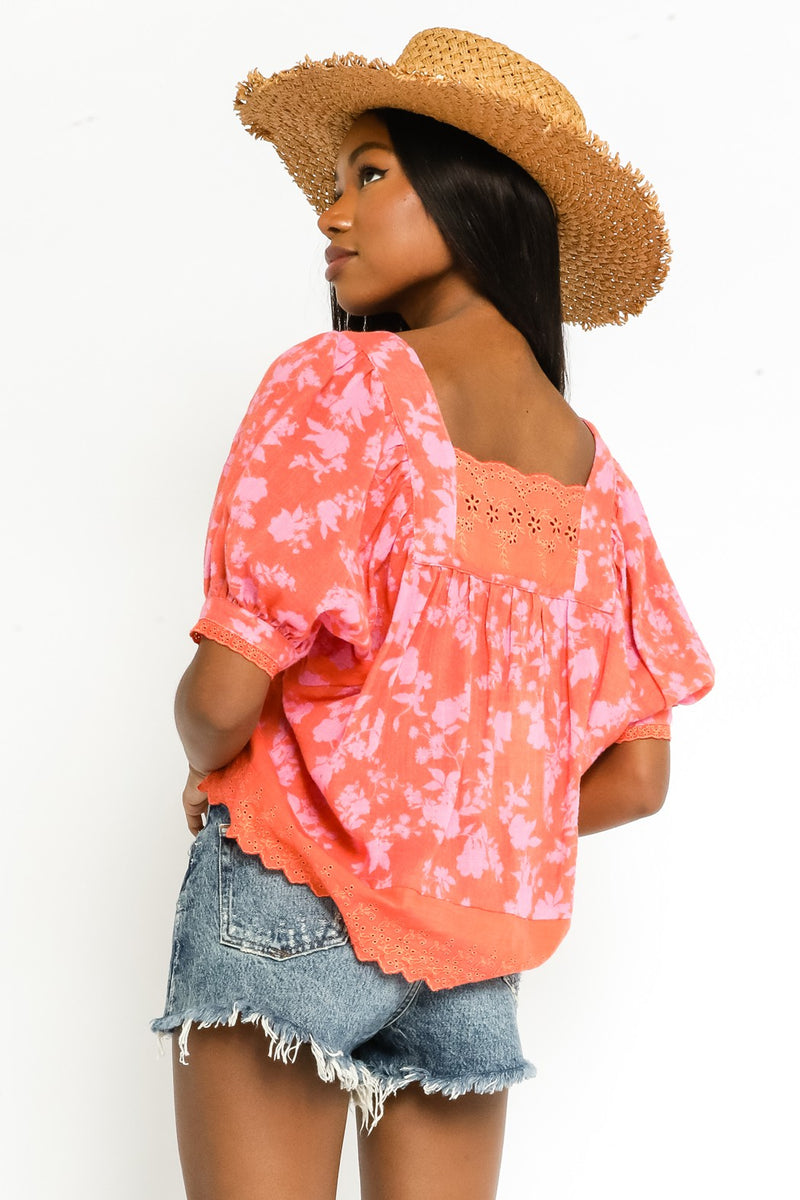 Coral Tropical Puff Sleeve Top