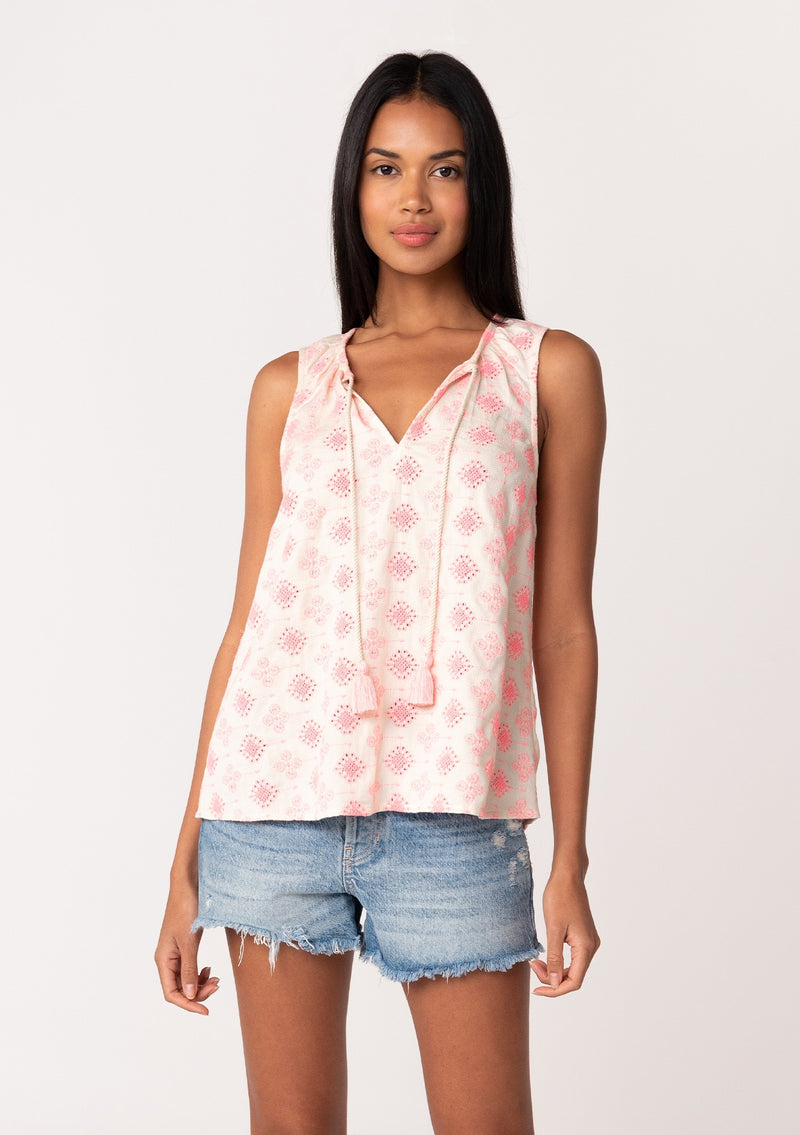 Embroidered Tie Neck Cotton Tank