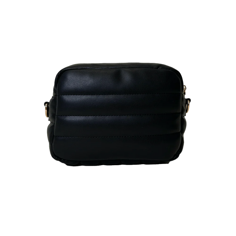 Quilted Vegan Leather Zip Top Messenger Bag in Black